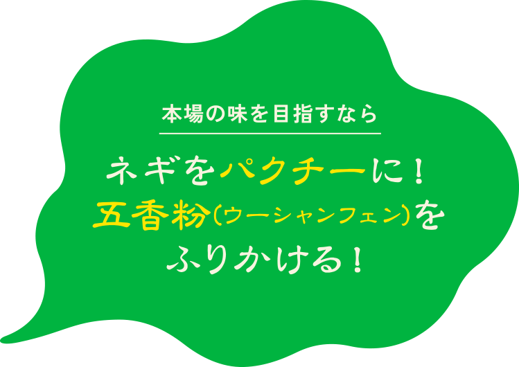 本場の味を目指すなら ネギをパクチーに！五香紛（ウーシャンフェン）をふりかける！